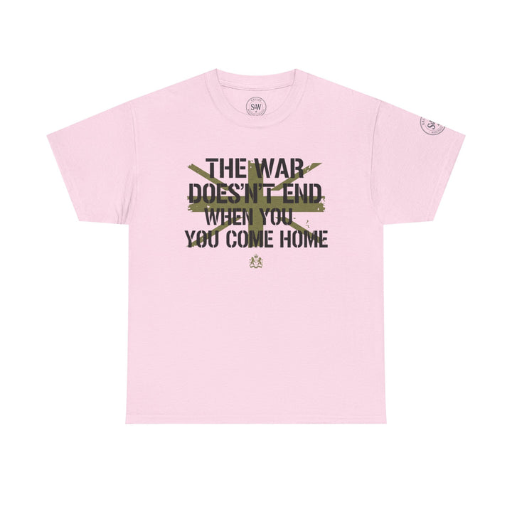 Pink t-shirt by S&amp;W Gallus with military-themed slogan and crossed-out text in stencil font.