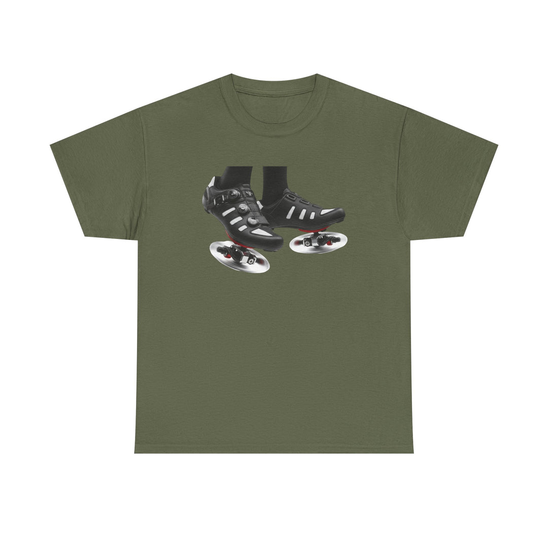 Spin Shoes Tee – soft, breathable cotton featuring a cycling shoes graphic. Perfect for spin classes, indoor workouts, and casual activewear.