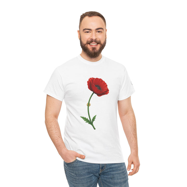 White poppy t-shirt by S&amp;W Gallus with a short sleeve, styled with blue jeans.