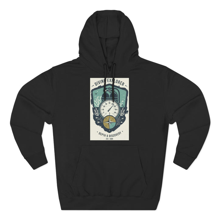 Black Explorer Compass Hoodie by S&amp;W Gallus with graphic emblem on the front, featuring diving themed illustration and classic design.