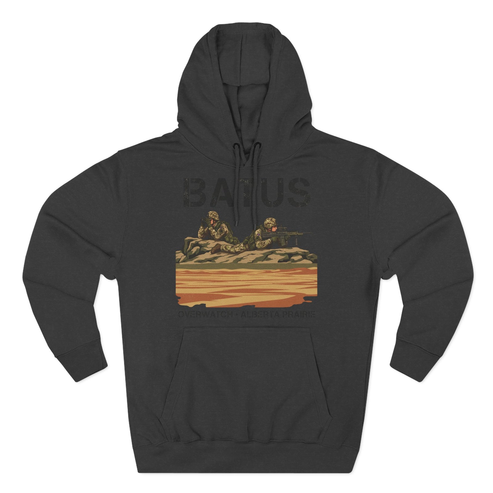 Gray hoodie by S&W Gallus featuring a desert warfare illustration and the text "BATUS Overwatch Alberta Prairie".