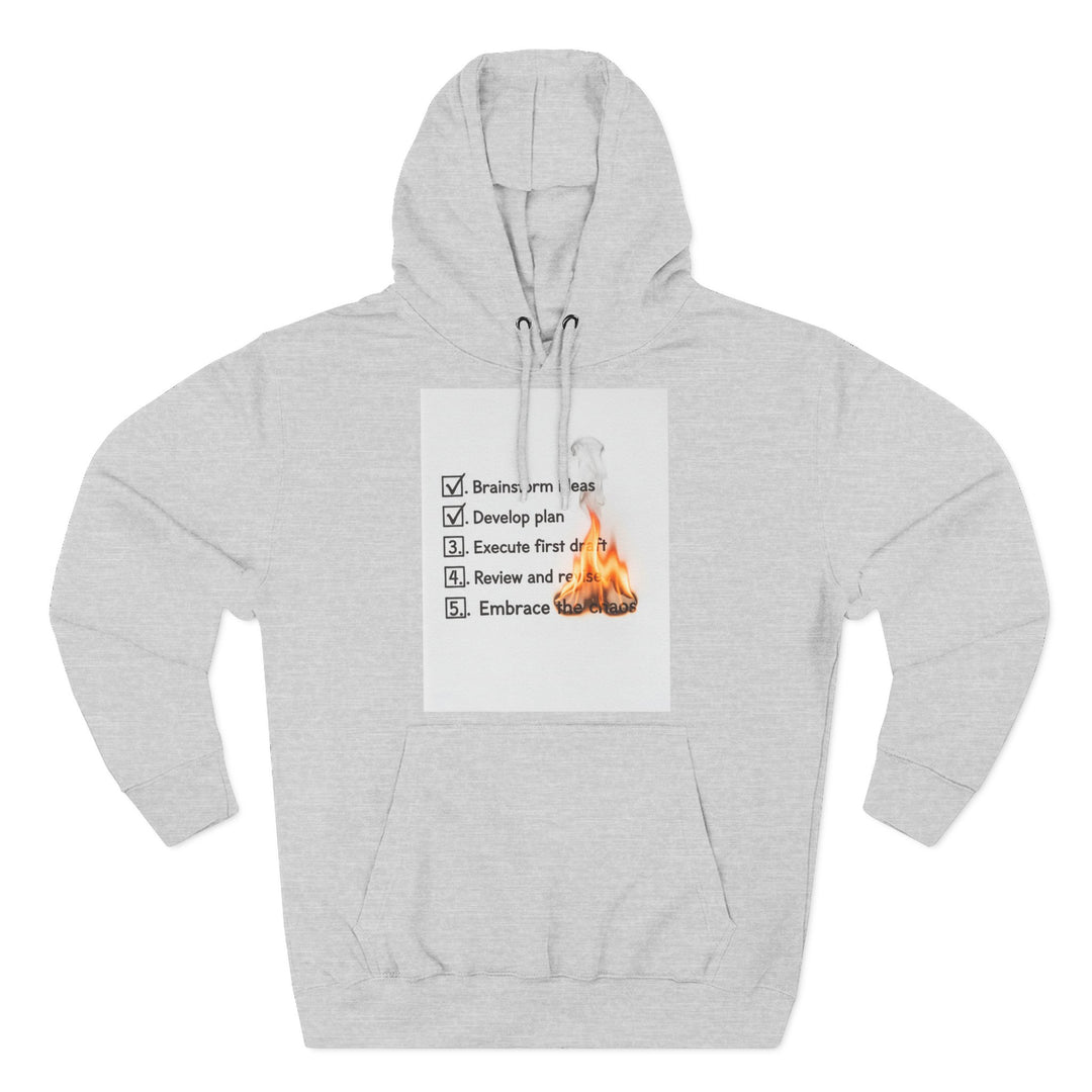 Heather grey hoodie by S&amp;W Gallus featuring a checklist graphic with fire accents on the front.