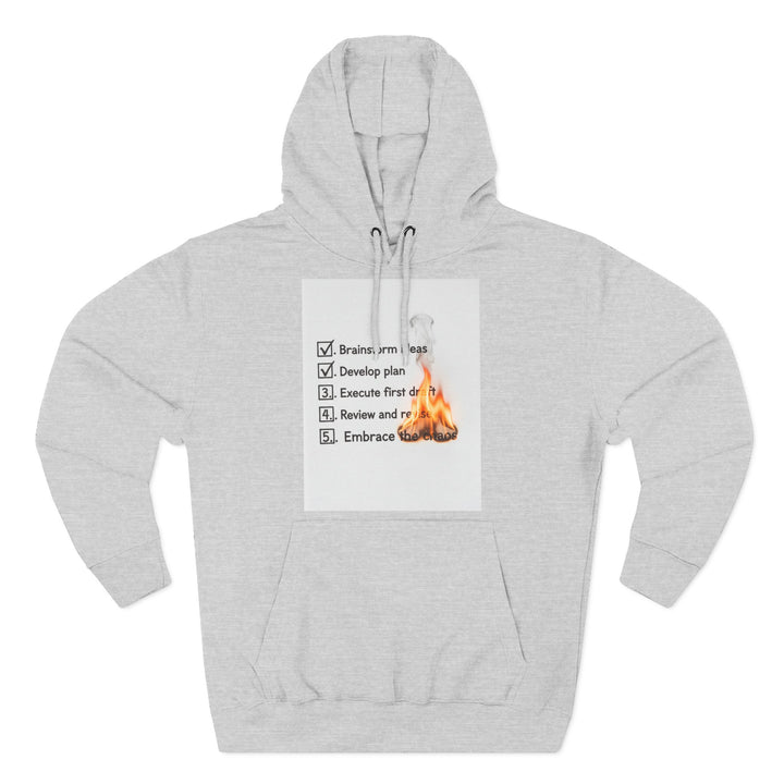 Heather grey hoodie by S&amp;W Gallus featuring a checklist graphic with fire accents on the front.