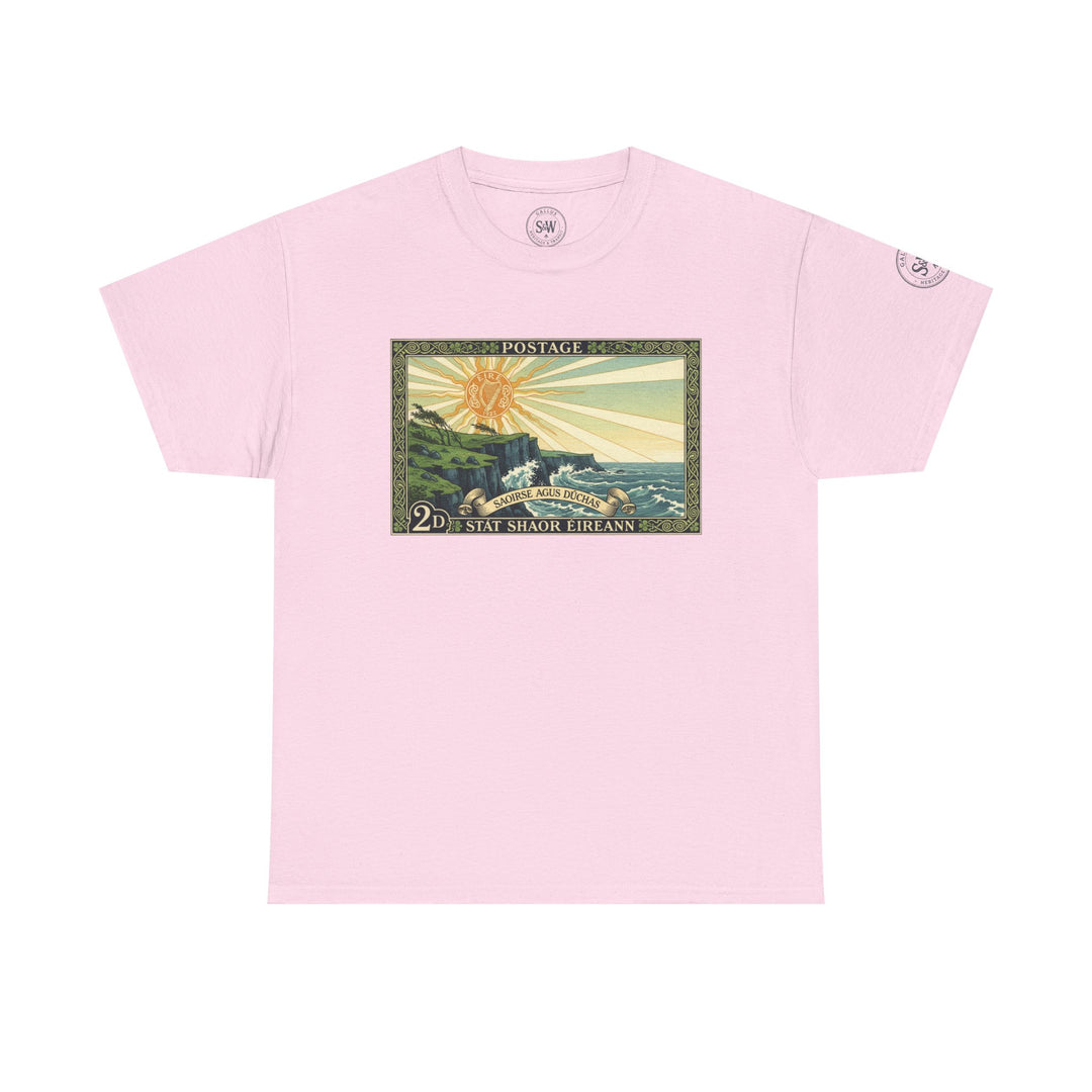 Pink vintage-style t-shirt by S&amp;W Gallus, featuring an Irish postage stamp graphic on the front.