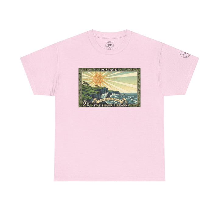 Pink vintage-style t-shirt by S&amp;W Gallus, featuring an Irish postage stamp graphic on the front.