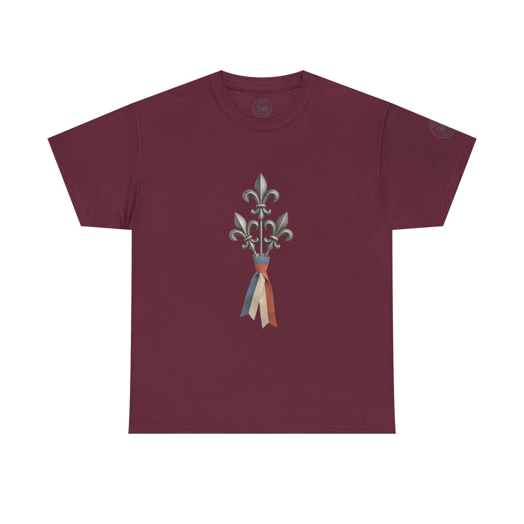 Maroon t-shirt by S&amp;W Gallus with a fleur-de-lis emblem and patriotic ribbon.