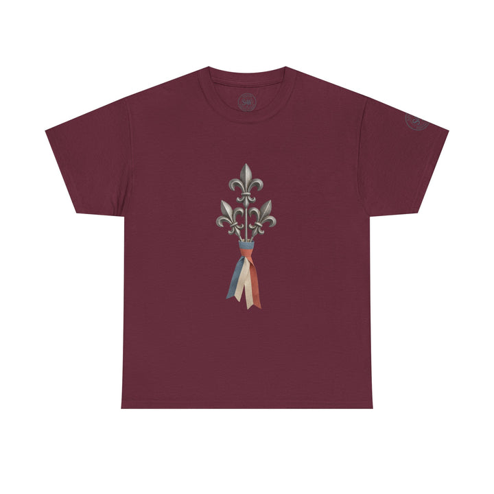 Maroon t-shirt by S&amp;W Gallus with a fleur-de-lis emblem and patriotic ribbon.