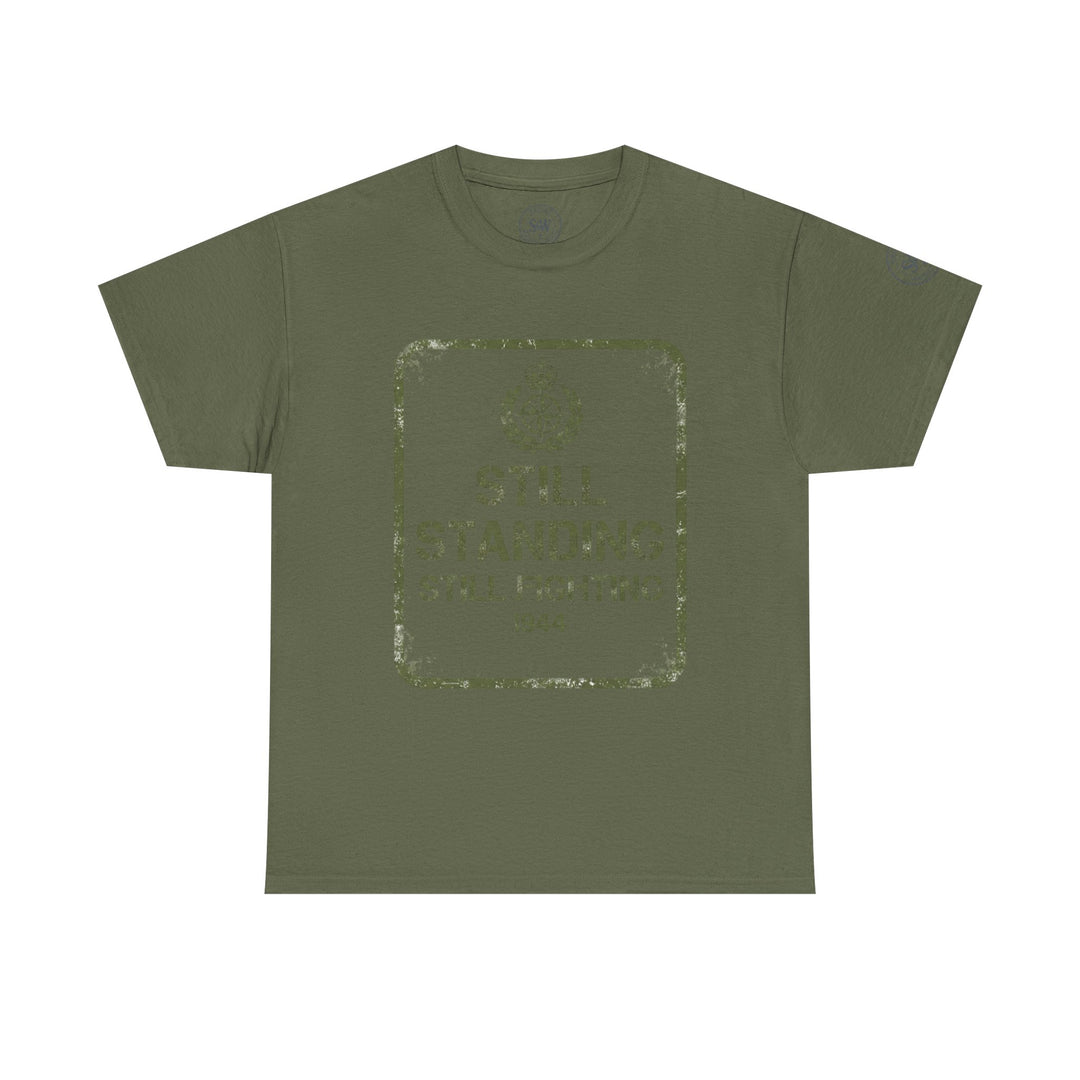 Olive green t-shirt by S&amp;W Gallus with a military-style graphic print on the front.