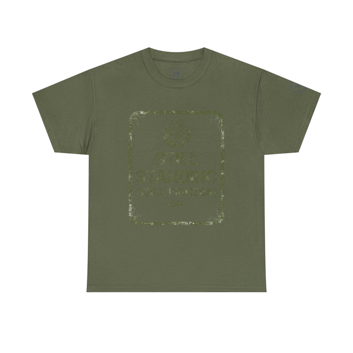 Olive green t-shirt by S&amp;W Gallus with a military-style graphic print on the front.