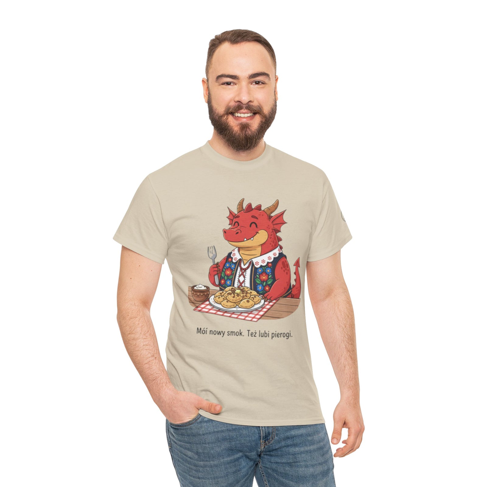 T-shirt with a dragon eating pierogi by S&W Gallus, featuring a humorous design with Polish text.