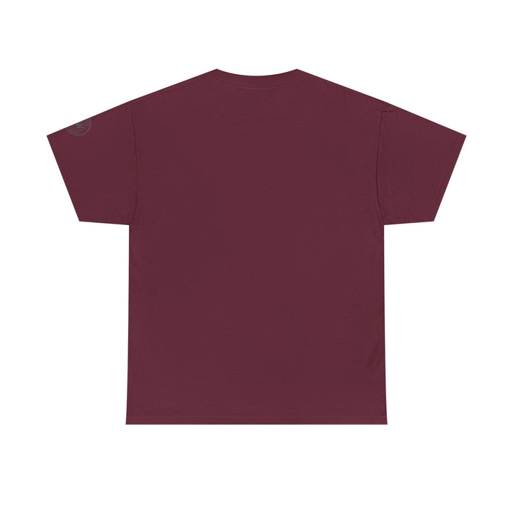 Maroon t-shirt by S&amp;W Gallus with a graphic in the upper left corner.