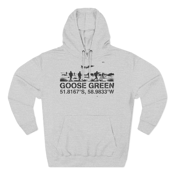 Gray hoodie by S&amp;W Gallus with a drawstring hood and black graphic of soldiers and an airplane.