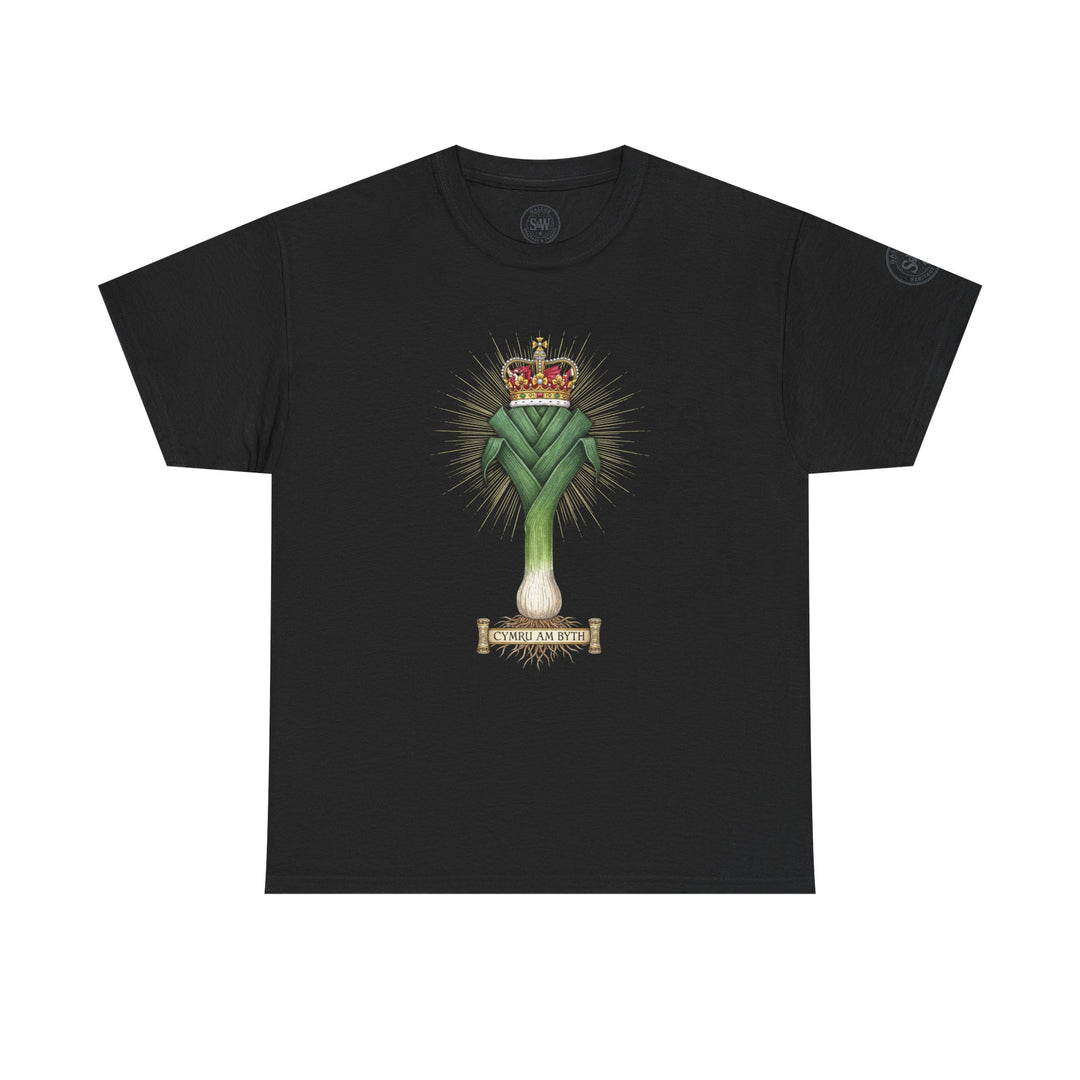 Black t-shirt by S&amp;W Gallus featuring a decorative leek and crown graphic on the chest.