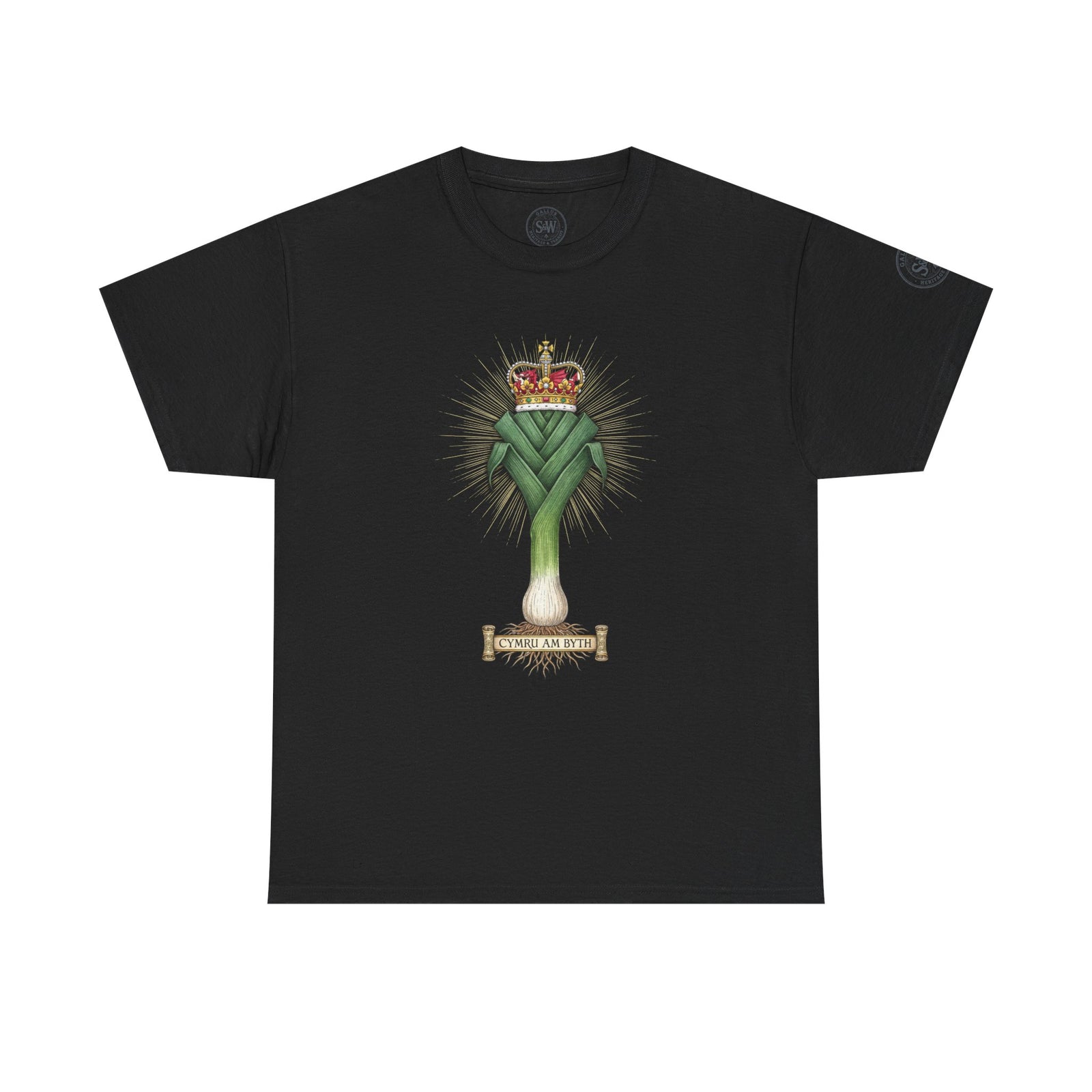 Black t-shirt by S&W Gallus featuring a decorative leek and crown graphic on the chest.