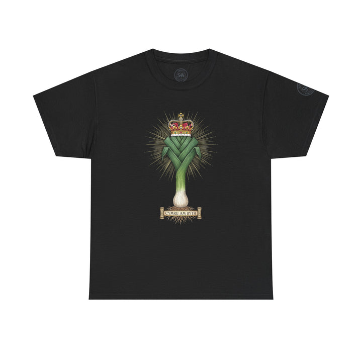 Black t-shirt by S&amp;W Gallus featuring a decorative leek and crown graphic on the chest.