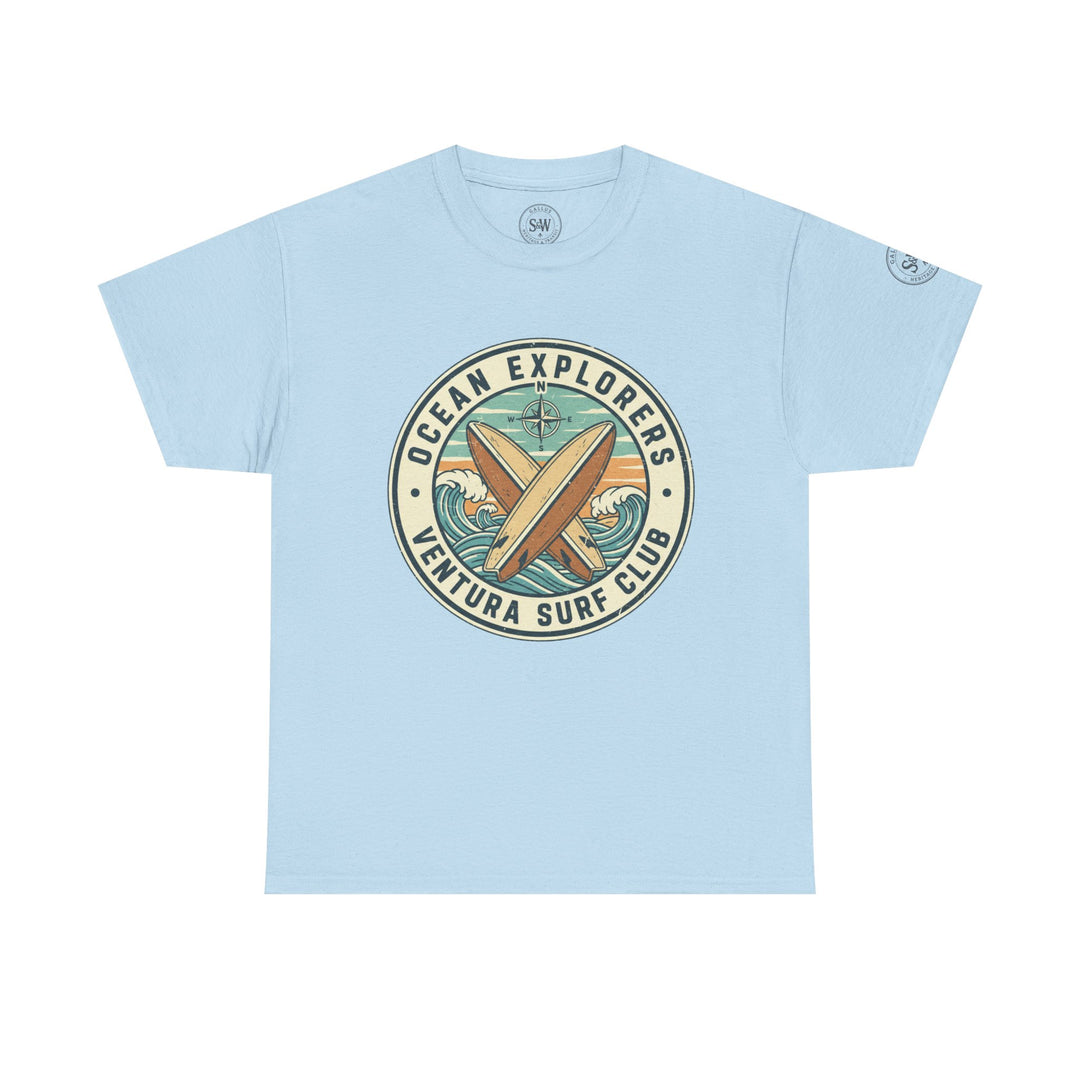 Light blue t-shirt by S&amp;W Gallus with a round logo featuring surfboards, ocean waves, and a compass.
