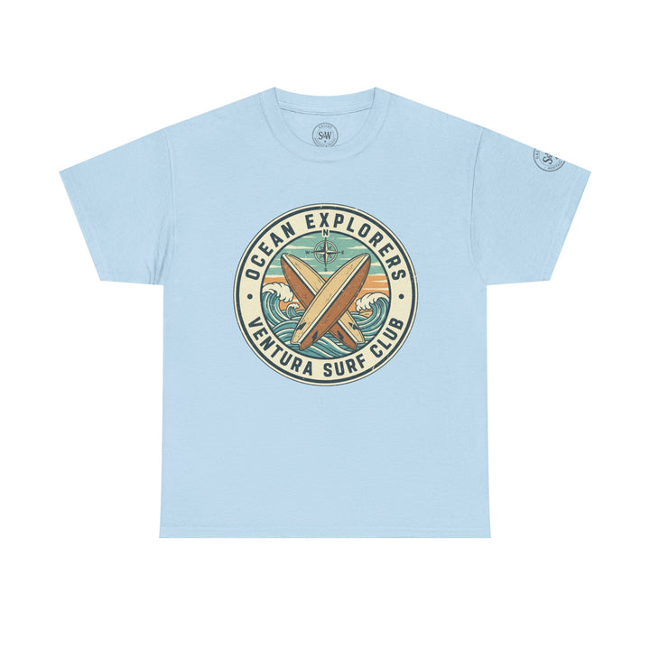 Light blue t-shirt by S&amp;W Gallus with a round logo featuring surfboards, ocean waves, and a compass.