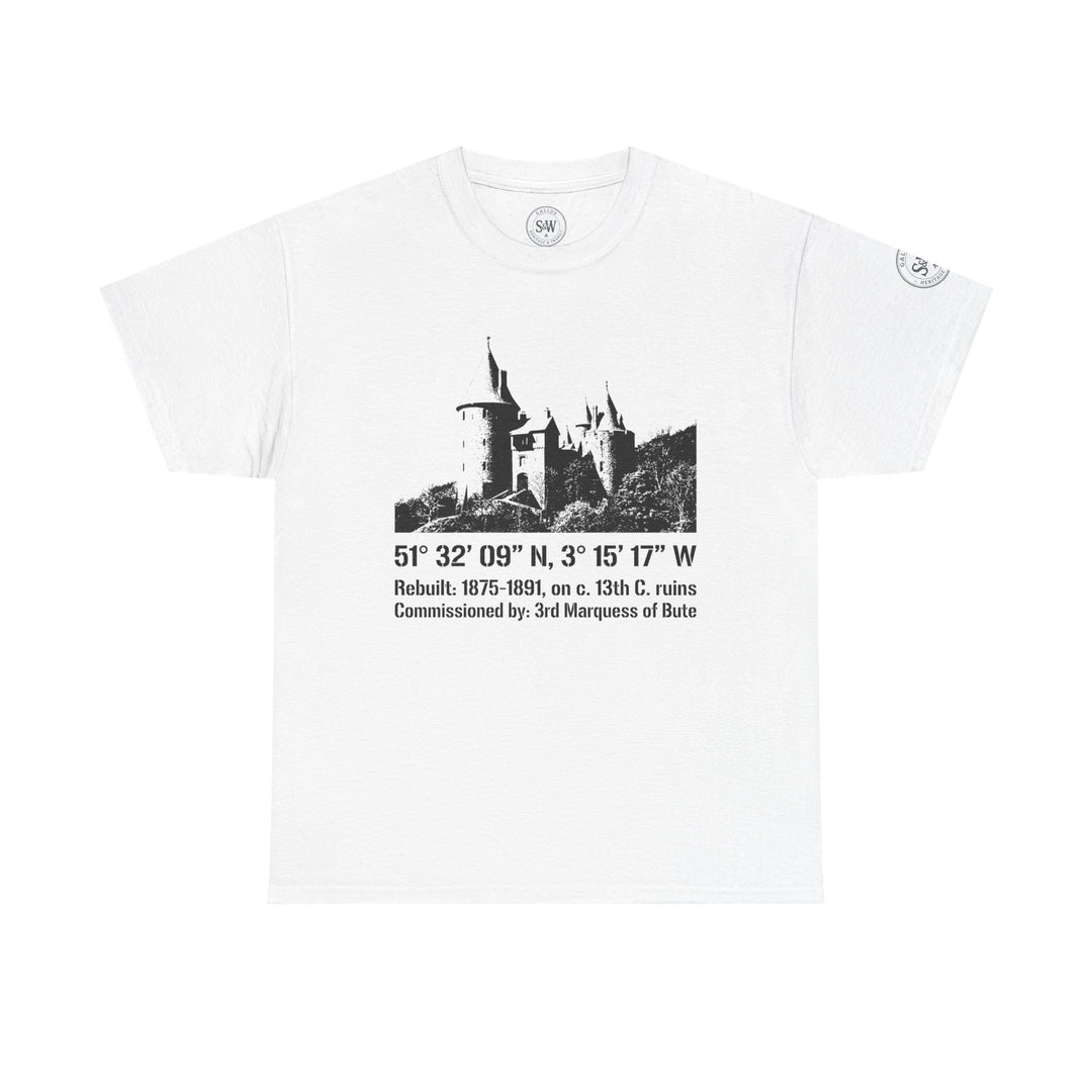White t-shirt by S&amp;W Gallus with a vintage Welsh castle illustration and associated text.