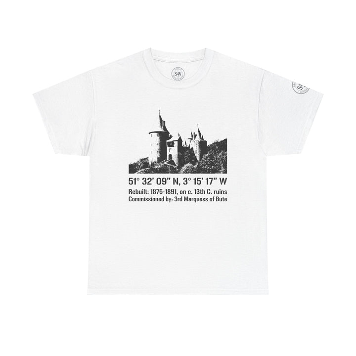 White t-shirt by S&amp;W Gallus with a vintage Welsh castle illustration and associated text.