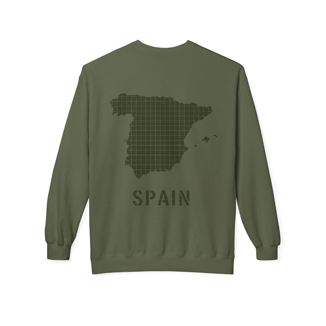 Spain Map Crewneck Sweatshirt — Military Green Grid Spain Graphic