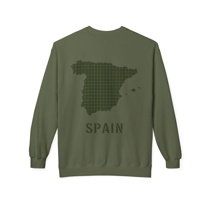 Spain Map Crewneck Sweatshirt — Military Green Grid Spain Graphic