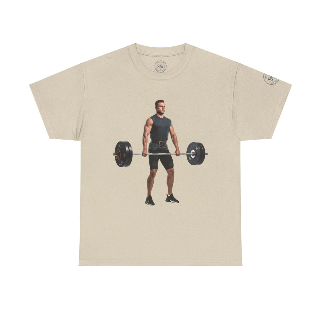Beige graphic t-shirt by S&amp;W Gallus with a weightlifter and barbell design on the front.
