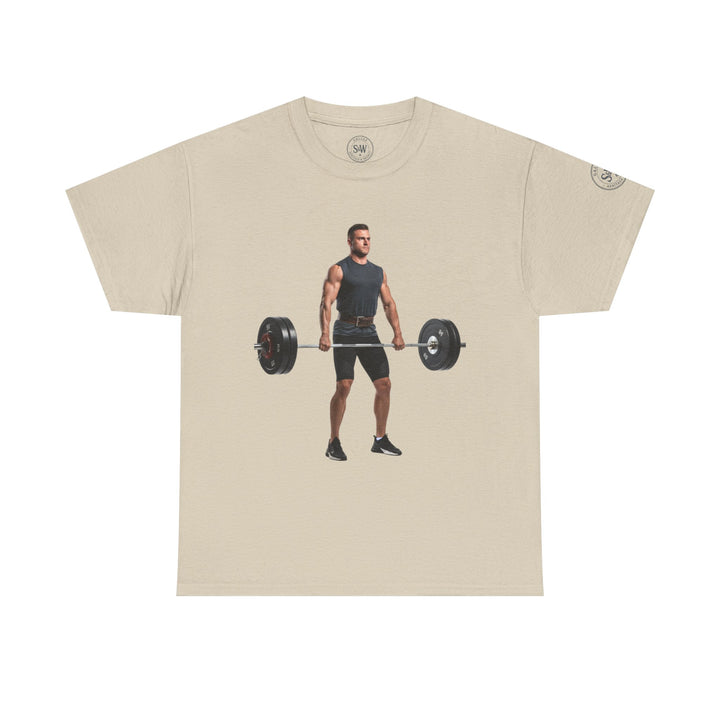 Beige graphic t-shirt by S&amp;W Gallus with a weightlifter and barbell design on the front.