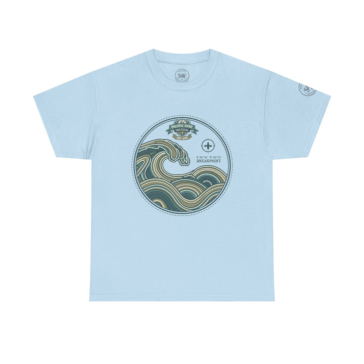 Light blue t-shirt by S&amp;W Gallus, featuring a circular wave crest graphic on the chest.