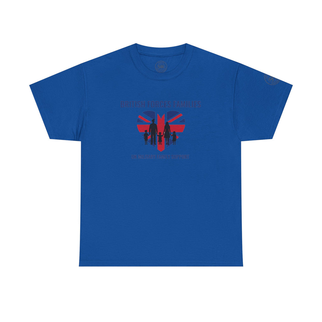 Blue t-shirt by S&amp;W Gallus with a Union Jack heart and silhouette family graphic.