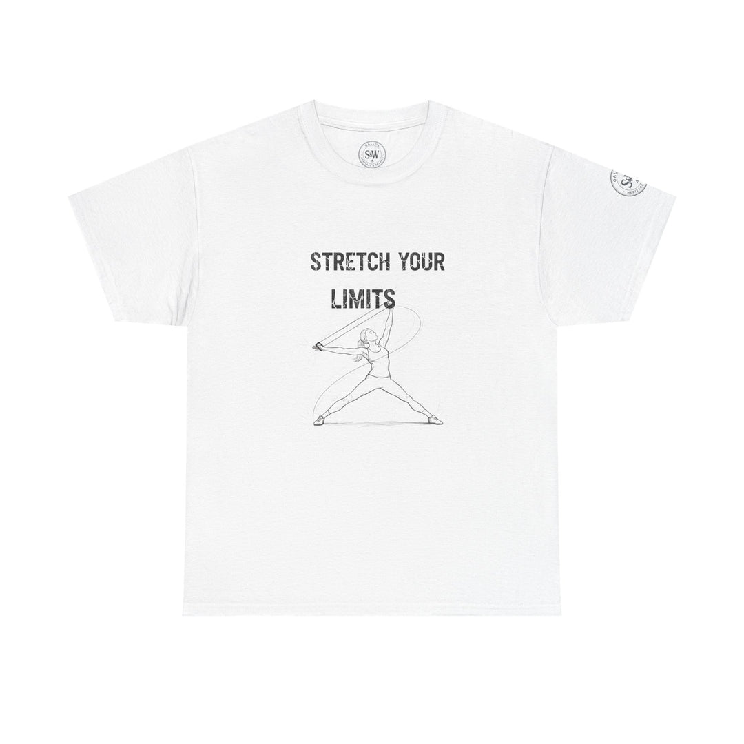 White t-shirt with a graphic by S&amp;W Gallus, featuring a stretching figure and printed text.
