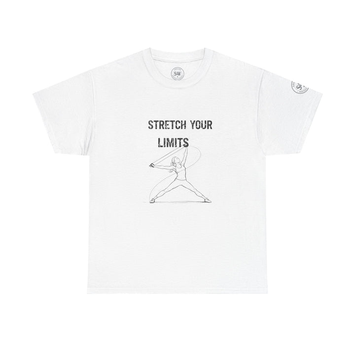 White t-shirt with a graphic by S&amp;W Gallus, featuring a stretching figure and printed text.