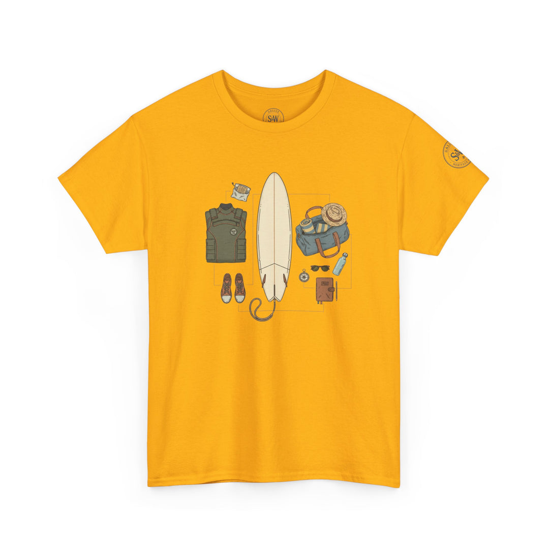 Mustard yellow t-shirt by S&amp;W Gallus with a surfing gear graphic on the front.