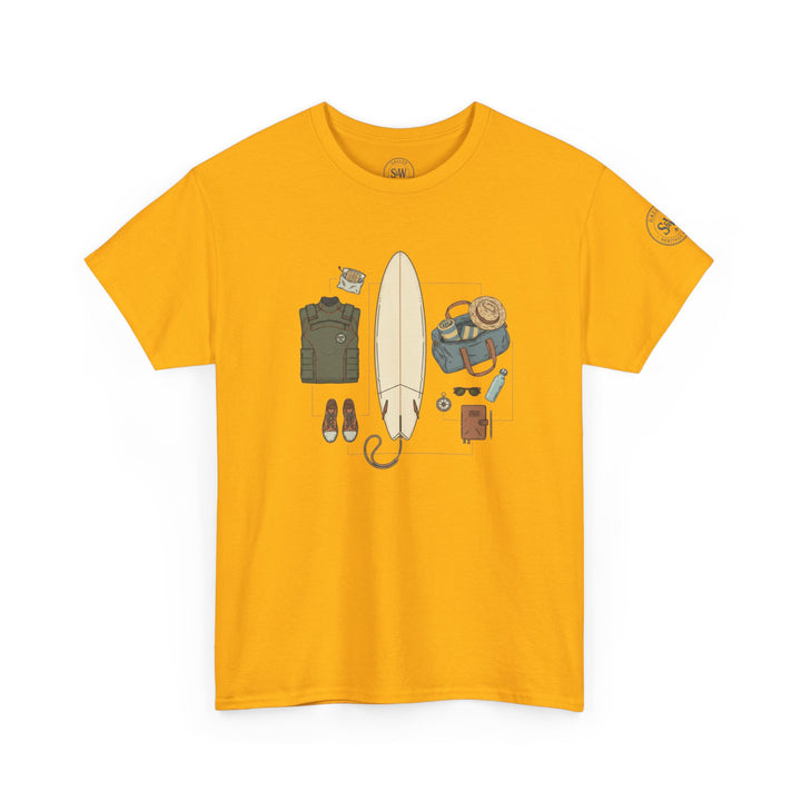 Mustard yellow t-shirt by S&amp;W Gallus with a surfing gear graphic on the front.