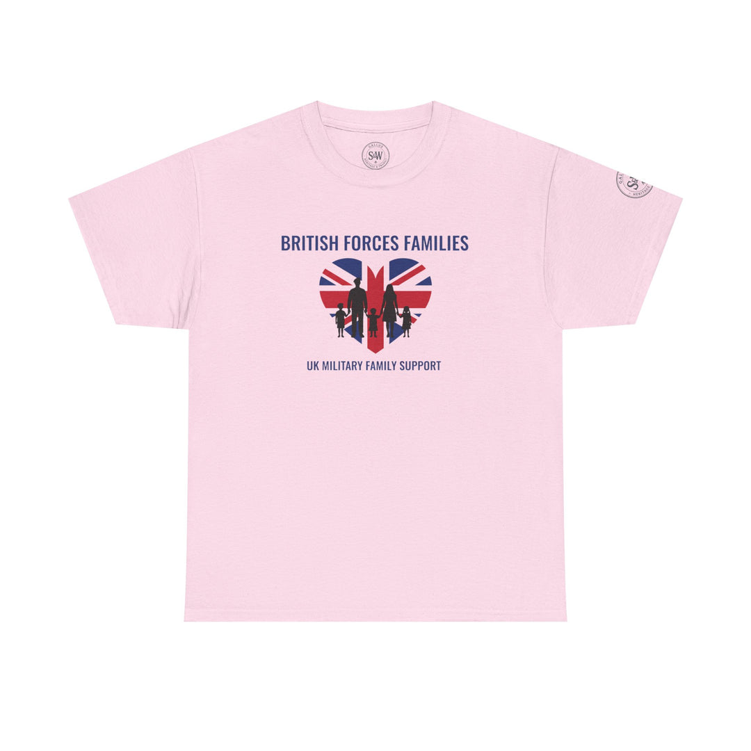 Light pink t-shirt by S&amp;W Gallus with a British flag heart and text "British Forces Families" and "UK Military Family Support".