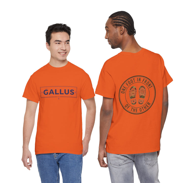 T-Shirt — Gallus Logo Front &amp; “One Foot In Front Of The Other” Motivational Back