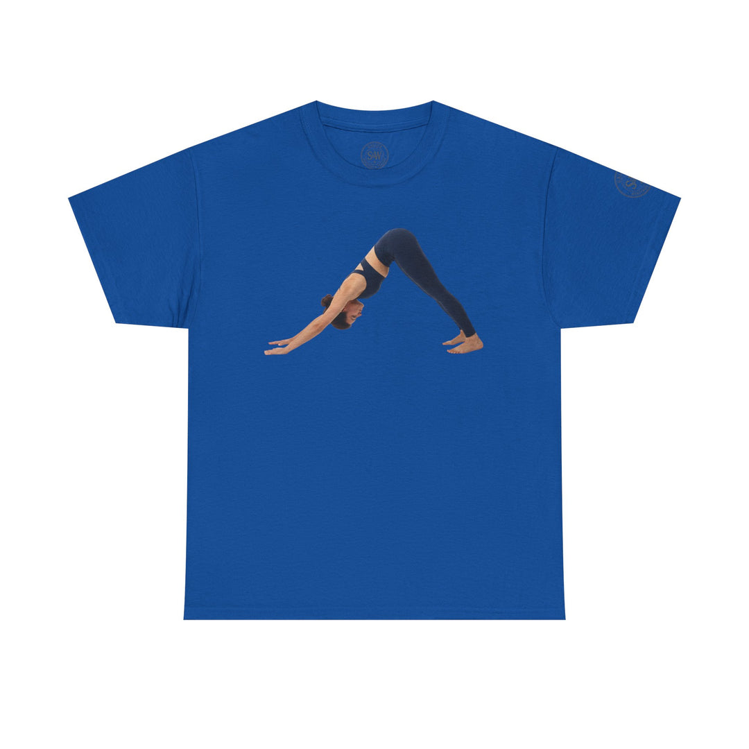 Blue T-shirt by S&amp;W Gallus with a downward dog yoga pose graphic printed on the front.