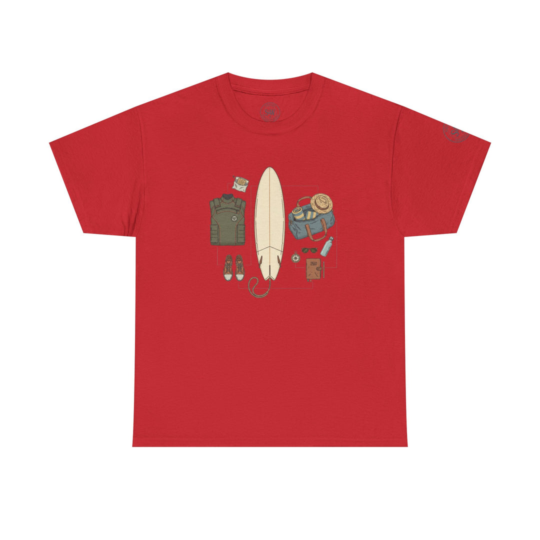 Red t-shirt by S&amp;W Gallus featuring a graphic of surfing gear in the center.