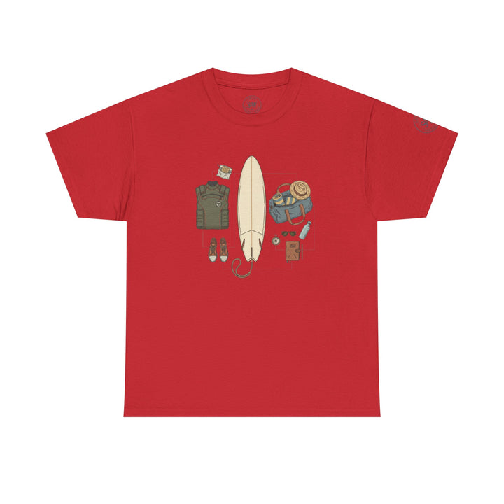 Red t-shirt by S&amp;W Gallus featuring a graphic of surfing gear in the center.