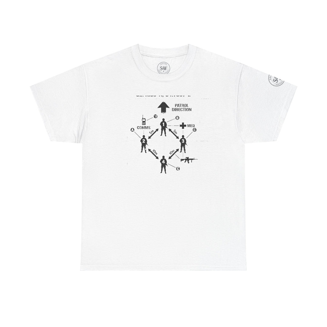 White T-shirt by S&amp;W Gallus featuring a tactical diagram printed on the front.