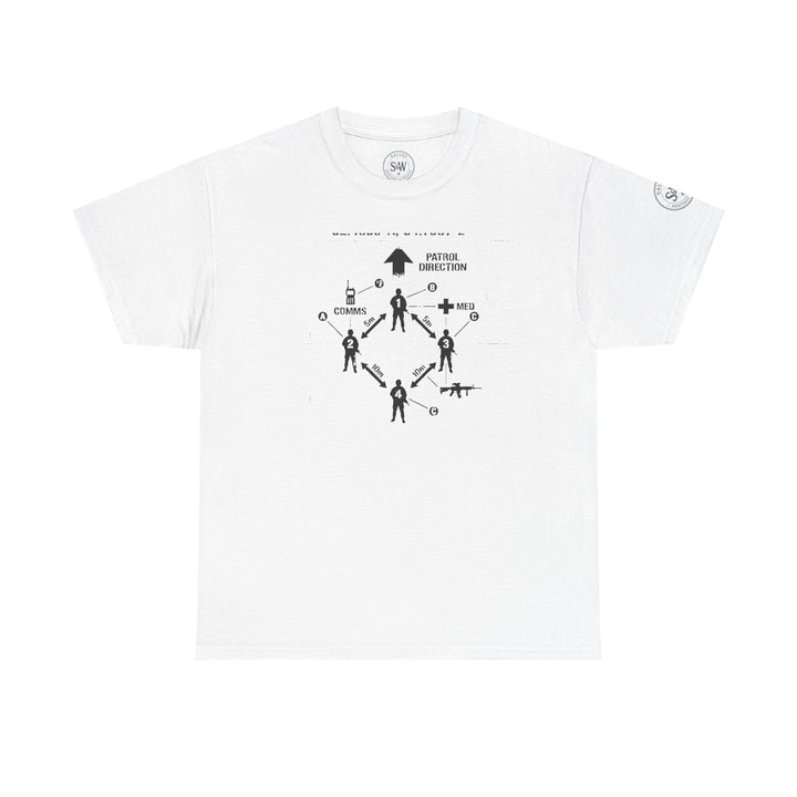 White T-shirt by S&amp;W Gallus featuring a tactical diagram printed on the front.