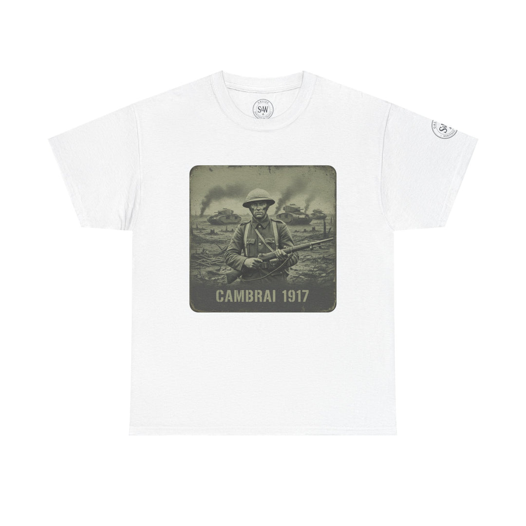 White t-shirt by S&amp;W Gallus with a vintage soldier graphic and "Cambrai 1917" text on the front.