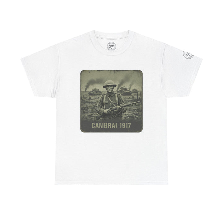 White t-shirt by S&amp;W Gallus with a vintage soldier graphic and "Cambrai 1917" text on the front.