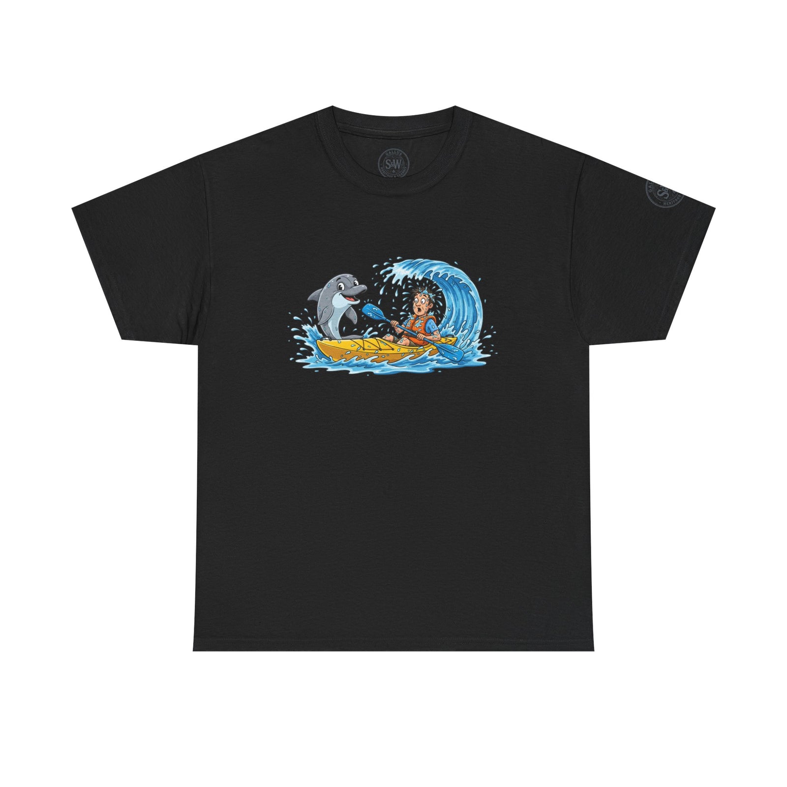 Black t-shirt by S&W Gallus, featuring a cartoon graphic of a dolphin and kayaker in a wave.