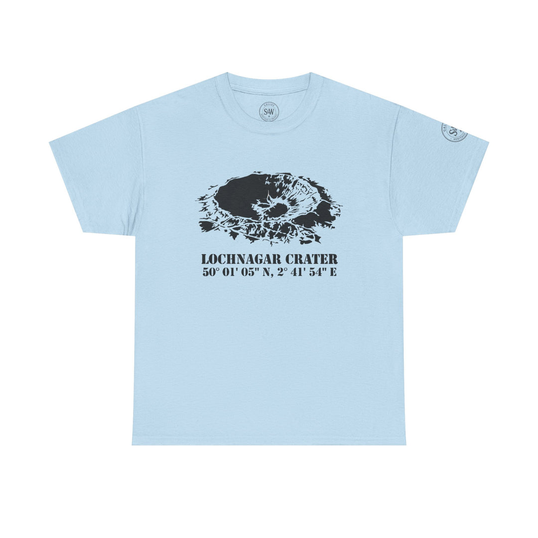 Light blue t-shirt by S&amp;W Gallus featuring a black and white graphic of the Lochnagar Crater and its coordinates.