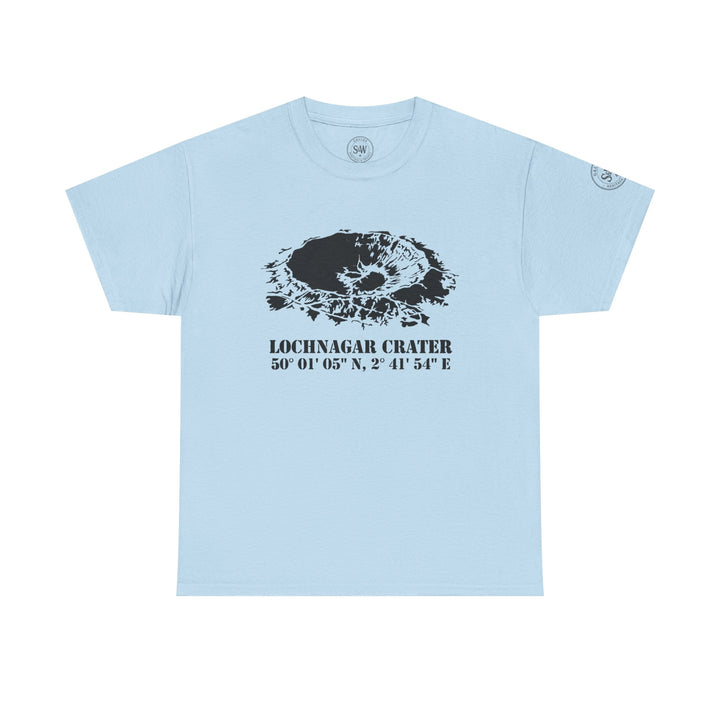 Light blue t-shirt by S&amp;W Gallus featuring a black and white graphic of the Lochnagar Crater and its coordinates.