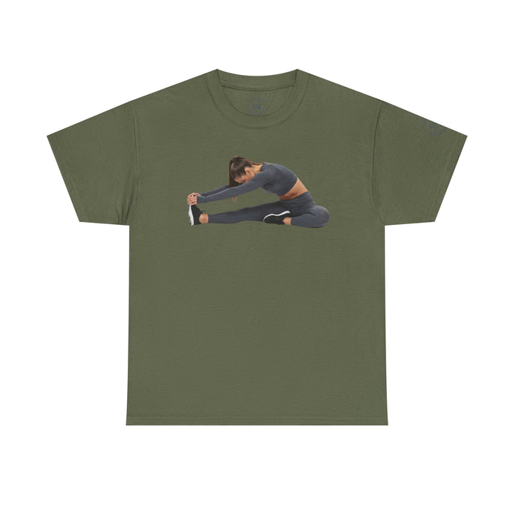 Olive green t-shirt by S&amp;W Gallus with a stretching woman graphic on the front.