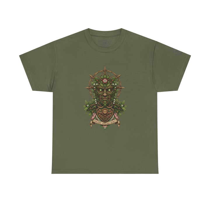Olive green t-shirt by S&amp;W Gallus featuring a graphic design of the Green Man and the phrase "Ancient English Spirit".