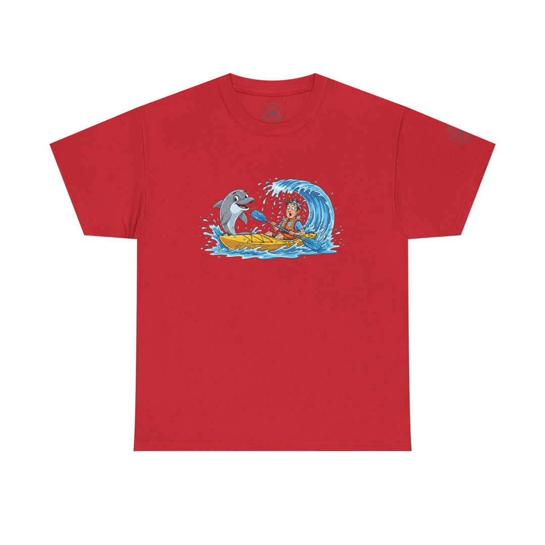 Red graphic T-shirt by S&amp;W Gallus featuring a man kayaking with a dolphin and a wave.
