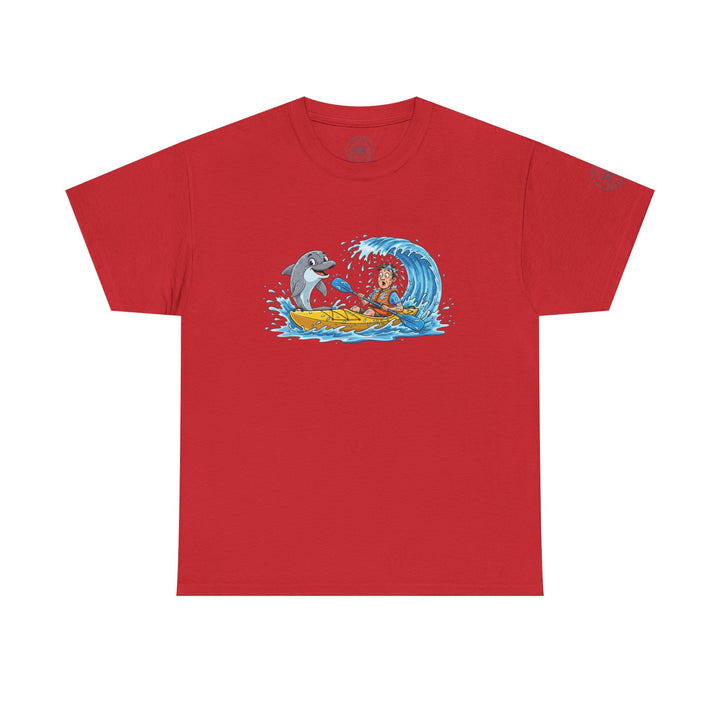 Red graphic T-shirt by S&amp;W Gallus featuring a man kayaking with a dolphin and a wave.