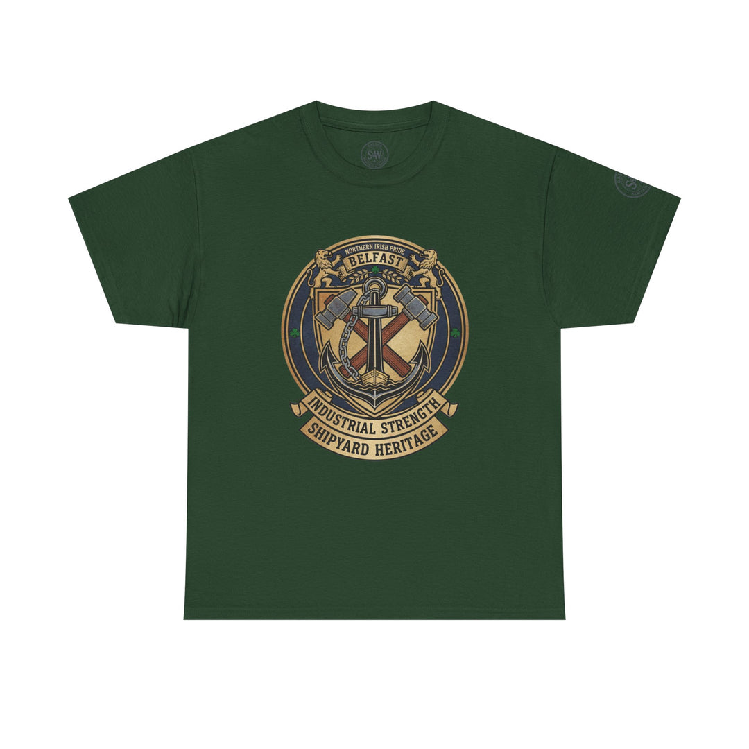 Green Belfast heritage t-shirt by S&amp;W Gallus featuring a ship anchor graphic with crossed hammers.